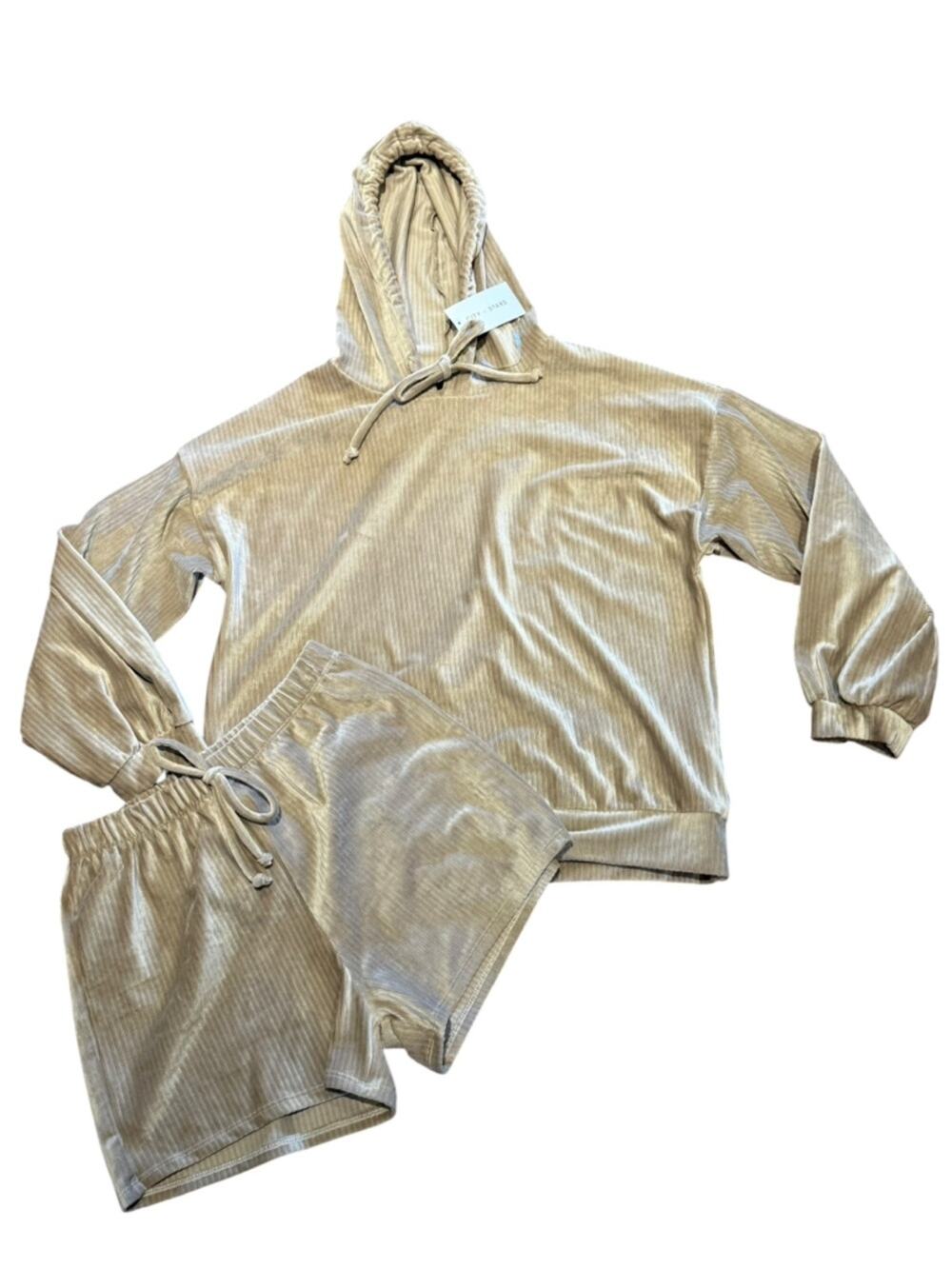 Tres Bien Velvet-Look Ribbed Lounge Shorts Set in Champagne Womens Small NWT